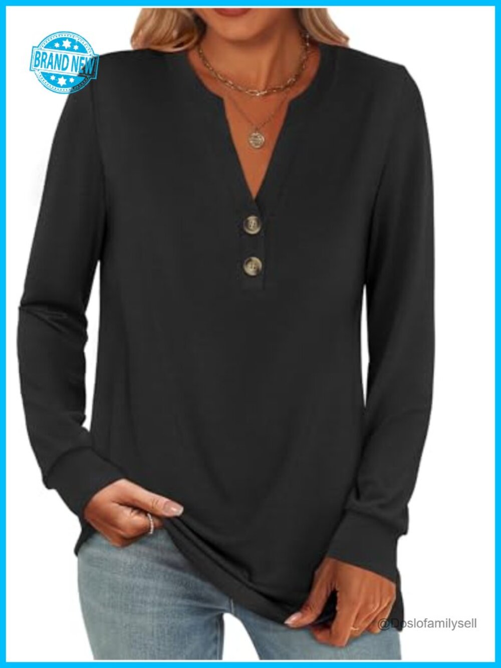 Women's Long Sleeve Henley Top V-Neck Button Placket Casual Blouse